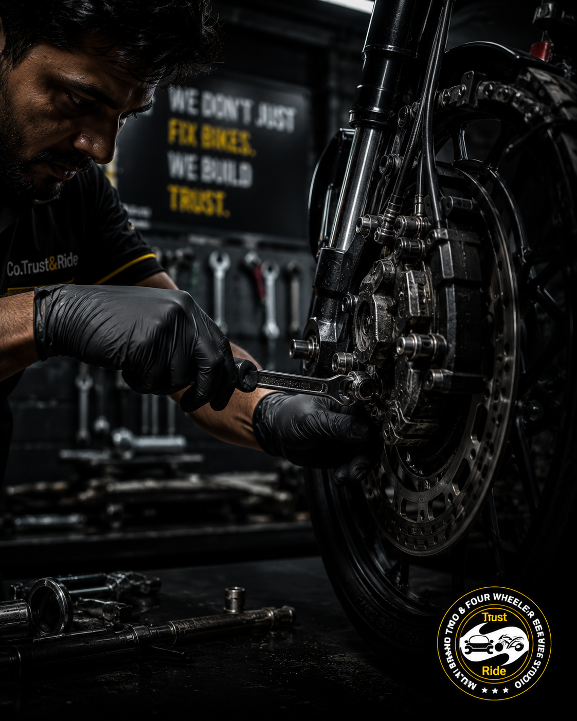 Mechanic servicing motorcycle
